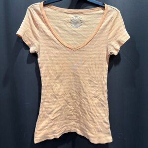 Y2K (2008) Old Navy Women's Striped Tan V-Neck Tee Orange Size M